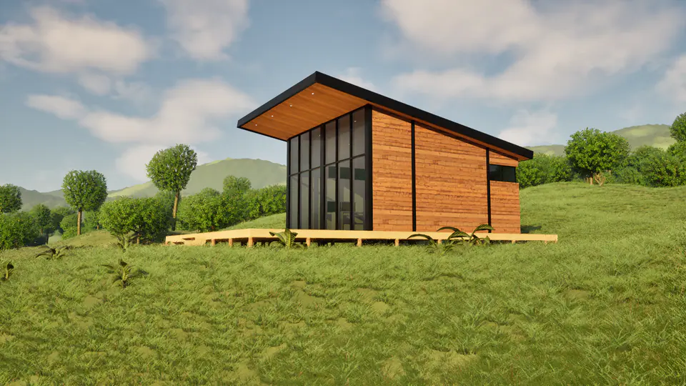 Render de un volumen modular con estructura liviana, fachada en madera y deck